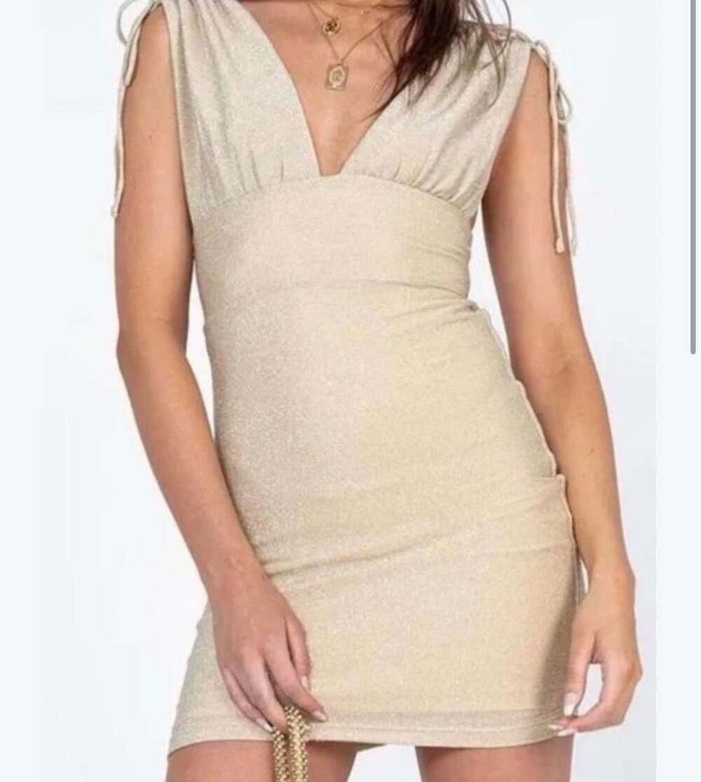 Princess Polly Mini Dress Size US 2 Gold Glitter V-Neck Tie Back